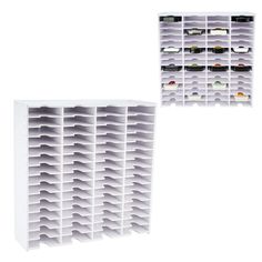 two white shelves with wine bottles on them