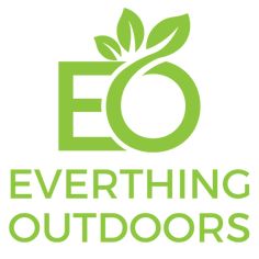 the logo for everything outdoorss with green leaves and letters that read eo, everything outdoors