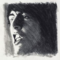 a black and white drawing of a man's face with his mouth wide open