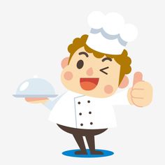 a cartoon chef giving the thumbs up while holding a silver platter on his right hand