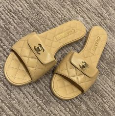 #ad Chanel Leather Slides, Slides Sandals, Cc Logo, Brands Outlet, Slide Sandals, Women's Shoes Sandals, Gold Color, Slides, Shoes Sandals