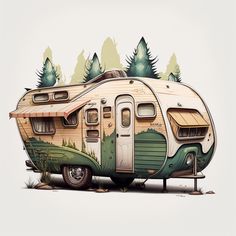 an old camper with trees painted on the side