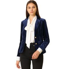 Luxurious and vintage, this Velvet Blazer is ready to elevate an everyday look or be the finishing touch to a retro office pretty ensemble. Designed in opulent velvet for an elevated touch with two flap pockets, a long sleeve, and two buttons front. For effortless elegance, add this retro blouse to your daily wardrobe. You can pair it with boots for a warm look. Retro Blouse, Retro Office, Work Blazer, Stand Collar Jackets, Front Office, Vintage Office, Velvet Blazer, Blue Outfit, Womens Blazers