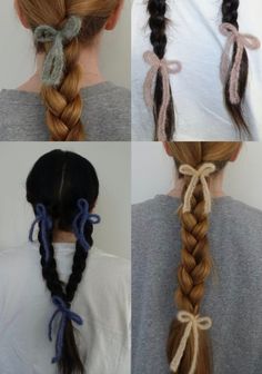 four pictures of different braids in various styles and colors, with one being pulled back to the side