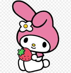 the hello kitty is holding a strawberry in her hand and wearing a pink hat with flowers on it