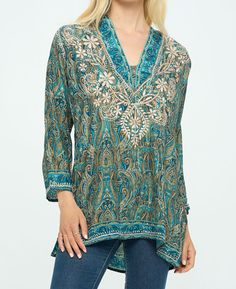 V Neck Tunic Top Luxury Block Print Women's Tunic, Luxury Embroidered V-neck Tunic, Green Gardens, The Seven Chakras, Rainbow Pendant, V Neck Tunic, Indian Style, Linen Clothes, Faceted Gemstones