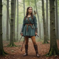 a woman standing in the woods holding a bow and arrow