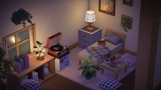 an aerial view of a living room with furniture and decor on the walls, including a record player