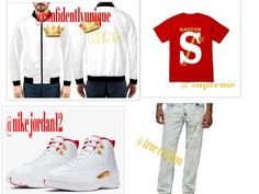 Designer Fits, Clean Outfit, Jordan 12s, White Jordans, Gold And Red, Red Accents, Super Clean, Jordan Retro, True Religion