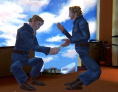 two animated men are dancing in front of a large screen with clouds and blue sky