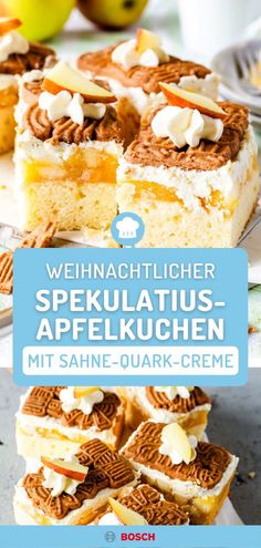 an image of a cake with apples in the background and text overlay that reads, wehnachtlicher spekulatus - appelkuchen mit saane - quark creme