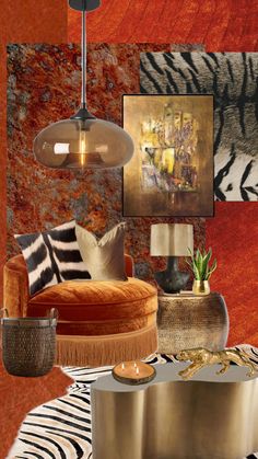 a living room with an animal print rug and orange walls, furniture in the background