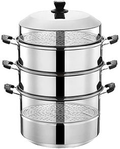 three stainless steel pots stacked on top of each other