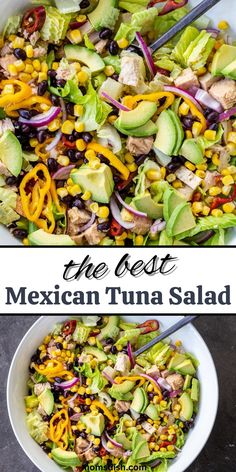 the best mexican tuna salad with avocado and cilantro in a white bowl