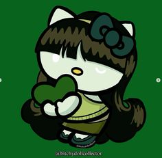 a cartoon character holding a green heart in her right hand and wearing a black bow