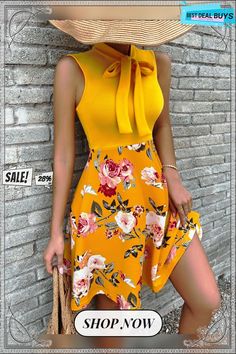 New Printed Short Skirt Bow Tie Dress Chic Non-stretch Maxi Skirt, Yellow Non-stretch Mini Dress, Stretch Summer Dresses, Stretch Skirted Dresses For Spring, Yellow A-line Summer Skirt, Spring Skirted Stretch Dresses, Casual Yellow A-line Skirt, Non-stretch Yellow Skirt For Summer, Fitted Vacation Dress With Skirt