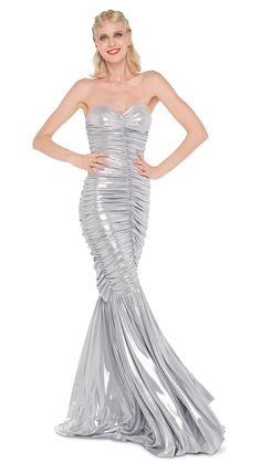 SLINKY FISHTAIL GOWN – Silver – Norma Kamali Silver Dress Mermaid, Sequin Fish Tail Dress, Silver Form Fitting Dress, Glamorous Fishtail Evening Dress - Premium, Fishtail Gown, Sassy Style, Elephant Pants, Fringe Top, Norma Kamali