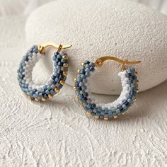 Denim Beaded Hoop Earrings Blue White and Gold Seed Bead Hoop Earrings Ready to Ship Gift Under 40 for Mom - Etsy Blue Small Hoop Earrings With Tiny Beads, Small Hoop Beaded Earrings For Everyday, Everyday Blue Beaded Hoop Earrings, Everyday Blue Hoop Earrings, Seed Bead Hoop Earrings, Bead Hoop Earrings, Beaded Hoop Earrings, Beaded Hoops, Earrings Blue