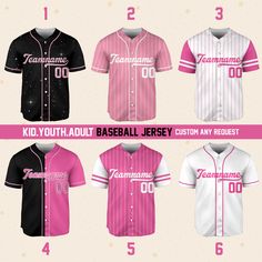 four baseball jerseys with the names of each team and numbers on them, all in different colors