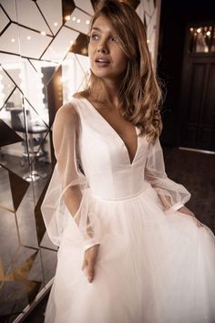 Romantic wedding dress Tveisiya with puffy sleeves - oliviabottega Olivia Bottega, Romantic Wedding Dress, Light Ivory, Sleeve Wedding Dress, Casual Wedding Dress, Usa Dresses, Satin Wedding Dress, Gowns Online, Long Sleeve Wedding