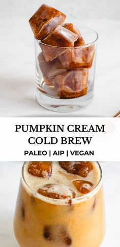 two different types of ice cream cold drinks with text that reads, air pumpkin cream cold brew pale i vegan dairy - free