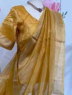 Amazing silk mark certified Banarasi tissue saree blouse size 36-40 fall & pico done. Comes with in-skirt Exclusive sarees from Haas Formal Art Silk Pre-draped Saree With Self Design, Gold Cotton Silk Pre-draped Saree, Formal Tussar Silk Pre-draped Saree With Dupatta, Formal Silk Pre-draped Saree With Zari Weaving, Elegant Yellow Pre-draped Saree With Zari Weaving, Festive Gold Pre-draped Cotton Silk Saree, Chanderi Pre-draped Saree With Zari Work For Formal Events, Elegant Gold Cotton Silk Lehenga, Festive Gold Blouse With Sheer Dupatta