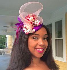 Radiant Orchid Fascinator, Purple fabric covered Fascinator with Crinoline and feathers, Wedding hat Purple Feather Headpieces For Spring, Summer Purple Feathered Fascinator, Elegant Purple Feathered Headpiece, Purple Summer Headpieces For Races, Purple Feathered Mini Hats For Kentucky Derby, Purple Mini Hats With Feathers For Kentucky Derby, Purple Mardi Gras Party Costume Hats And Headpieces, Purple Mardi Gras Party Costume Hat, Purple Fitted Fascinator For Spring