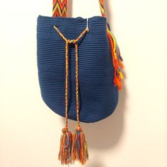 Wayuu Mochila Bag- Handmade In Colombia- 100% Aunthentic Size Large Handmade Blue Hobo Shoulder Bag, Handmade Casual Pouch Bag, Blue Hobo Bag With Braided Handles, Blue Bucket Bag With Braided Handles, Handmade Blue Pouch Shoulder Bag, Casual Handmade Pouch Bag, Bohemian Blue Hobo Bag For Beach, Blue Bohemian Hobo Bag For Beach, Casual Blue Crossbody Bucket Bag