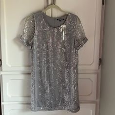 Fun Fun Dress Silver/Gray Sequined Front Shear Short Sleeve Mini. Back Zip Brand New With Tags Smoke Free Home Silver Short Sleeve Dress For Night Out, Gray Short Sleeve Mini Dress For Party, Elegant Gray Festive Dress, Dress Silver, Fun Dress, Fun Fun, Silver Dress, Gianni Bini, Nice Dresses