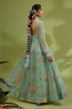 Mint green padded anarkali with placement flower print and floral motif hand embroidery. Paired with a dupatta with printed flower and thread work. - Aza Fashions Green Anarkali, Women Kurta, Green Flower, Thread Work, Anarkali, Embroidered Flowers, Aza Fashion, Flower Print, Floral Motif