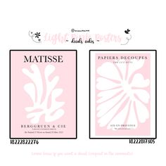 two pink and white paper designs with the words matissee on them