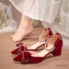 Lasaky - Pointed-toe Burgundy Bridal Shoes with Chunky Heels, Buckles, and Elegant Embellishments for Weddings, Engagement Parties, and Special Occasions. Thick Heels Pumps, Red Bridal Shoes, Formal Heels, Office Shoes Women, Elegant Heels, Ankle Strap High Heels, Bridal Heels, Buckled Heels, Wedding Ceremonies