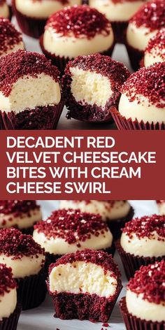 red velvet cheesecake bites with cream cheese swirl are on display for sale