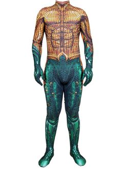 a man in a green and gold body suit