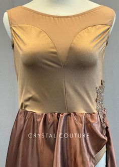 Bronze shimmer top has sweetheart neckline with Nude mesh upper chest and back. Copper silky skirt is attached and open on left leg. Beaded applique on left hip. **Costume in image is an AM, Photographed on an AS/AM Mannequin with Measurements of: Bust 35", Ribcage 30", Waist 25", Hip 34", Girth 57" Fitted Dancewear Dress For Party, Fitted Bodice Dancewear Dress For Party, Party Dress With Fitted Bodice Dancewear Style, Gold Fitted Dress With Sheer Bodice, Gold Fitted Dance Dress, Gold Fitted Dress For Dance, Glamorous Fitted Dress For Ballroom, Baggy Clothing, Silky Skirt