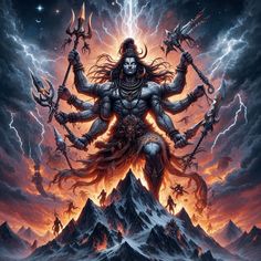 an image of a man with many arms and legs in the air surrounded by lightning