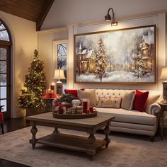 a living room decorated for christmas with red and white decorations on the coffee table in front of the couch