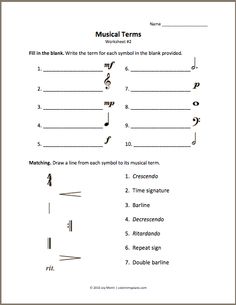 musical terms worksheet with notes and symbols for the music teacher's workbook