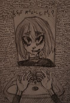 a drawing of a girl holding her hands up to her face