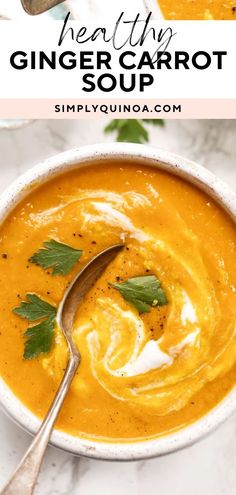 a bowl filled with carrot soup and garnished with cilantro