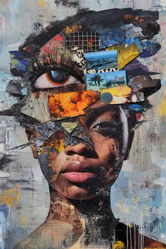 a woman's face is covered in various pieces of art