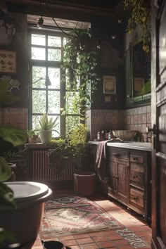 an old fashioned bathroom with potted plants in the window and rug on the floor