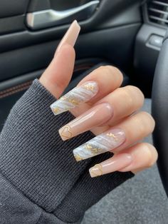 White And Gold Nails With Designs, Acrylic Nails White And Gold, White And Gold Nails Acrylic, White And Gold Nail Designs, Gold White Nails, Gold And White Nails, White Nails With Gold, Beige Nails