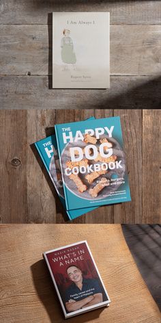 the harry dog cookbook is sitting on a table next to an open book and a knife