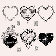 various heart tattoos on white paper with barbed wire around them and the words i love you written in black ink