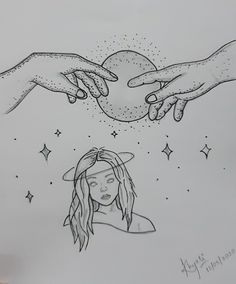 a drawing of two hands reaching for a woman's head with stars in the background