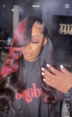 Blue And Black Sew In Weave, Black Lace Front With Pink Highlights, Lace Front With Pink Highlights, Quick Weave With Different Color Leave Out, Black Wig With Pink Highlights Side Part, Quick Weave With Color Leave Out, Closure Sew In With Color, Half Up Half Down With Color, Pink Peekaboo Wig