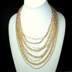 "Chrome Faceted Glass & Gold Chains Multistrand Bib, 9 Strands Total,  Gorgeous Color Necklace, 4 Chains and 5 Sparkling Bead Strands, Adjustable Length Extender Chain The longest Strand of 9 is 27\" ( 68.58cm ) Shortest Strand is 18\" ( 45.72cm )    gorgeous faceted sparkling 4 strands glass beads is elegant sophisticated color ??   I only ship to your paid ETSY invoiced address, no email changes ------------------------------------------------------------------------------------------------ Tr Party Multi-strand Beaded Necklace With Adjustable Chain, Multi-strand Glass Necklaces For Party, Gold Multi-strand Layered Necklace With Beads, Gold Multi-strand Beaded Chain Necklace, Gold Long Glass Beaded Necklace, Gold Beaded Multi-strand Layered Necklace, Gold Long Beaded Glass Necklace, Gold Multi-strand Necklace With Faceted Beads, Gold Multi-strand Crystal Necklace