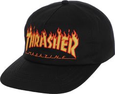 Thrasher Flame Embroidered Snapback Hat - black Black Snapback Baseball Cap For Skateboarding, Black Trucker Hat For Skateboarding, Black Baseball Cap For Skateboarding, Black Snapback Hat For Skateboarding, Black Flat Brim Baseball Cap For Skateboarding, Fire Hat, Thrasher Flame, Zombie Hand, Hats Snapback