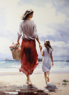 a painting of a mother and daughter walking on the beach with flowers in her basket